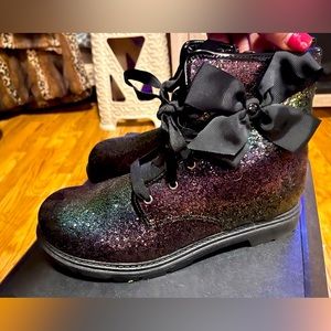 Black purple and green, iridescent glitter combat boot by Justice